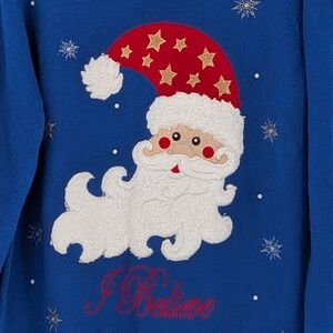 Santa Claus Large Blue Red Gold White Christmas I Believe Santa Ringer Sweater